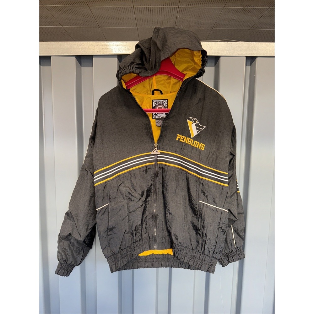 Vtg Starter NHL Pittsburgh Penguins Hooded Windbreaker Jacket Kids‎ Size 18-20XL